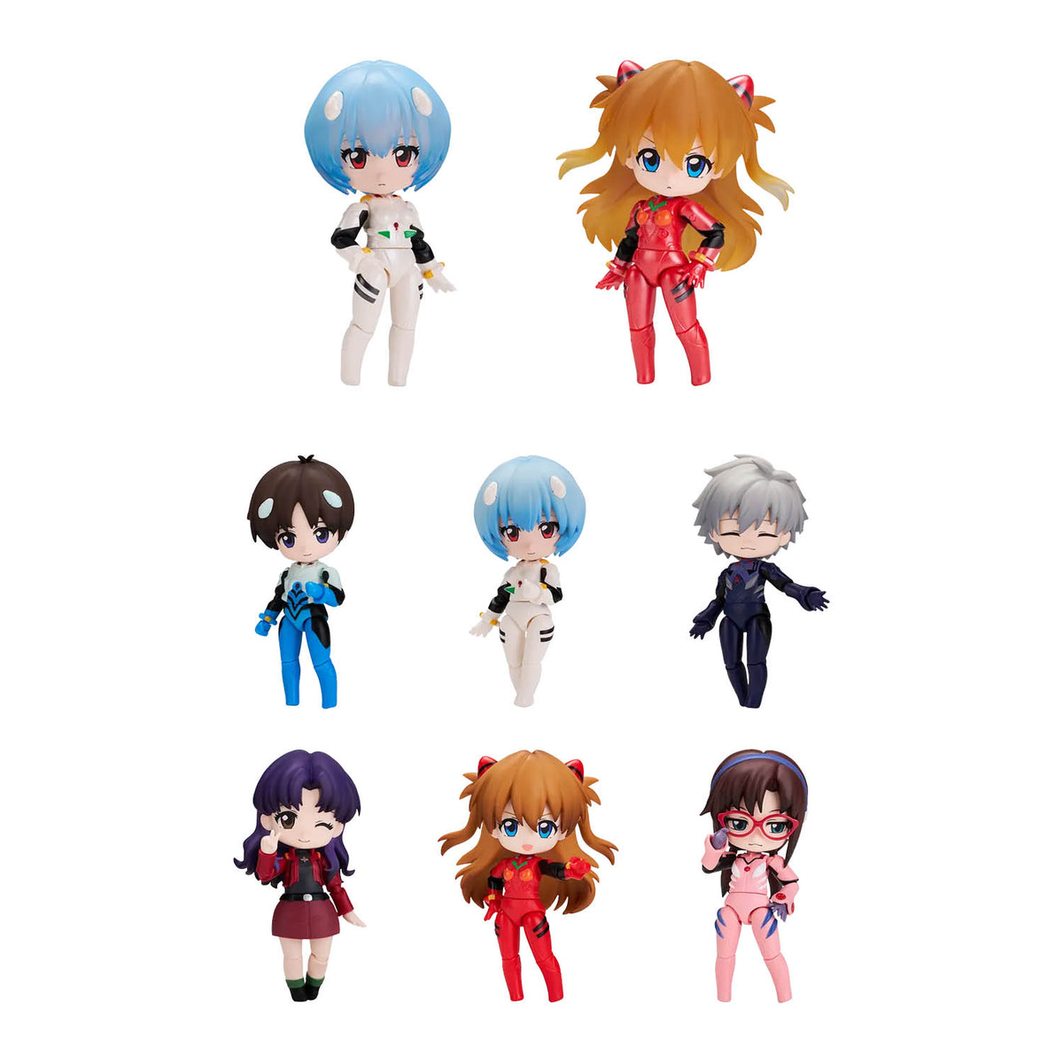 Nine chibi Evangelion anime figurines arranged in a 3-by-3 grid on a plain white background. The characters include various designs with different hair colors such as blue, orange, brown, gray, and purple, along with colorful outfits.