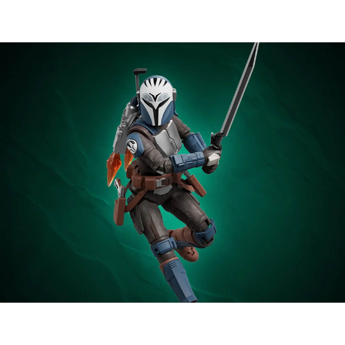 A detailed action figure of Bo Katan in flight, holding the dark saber, set against a dark green textured background.