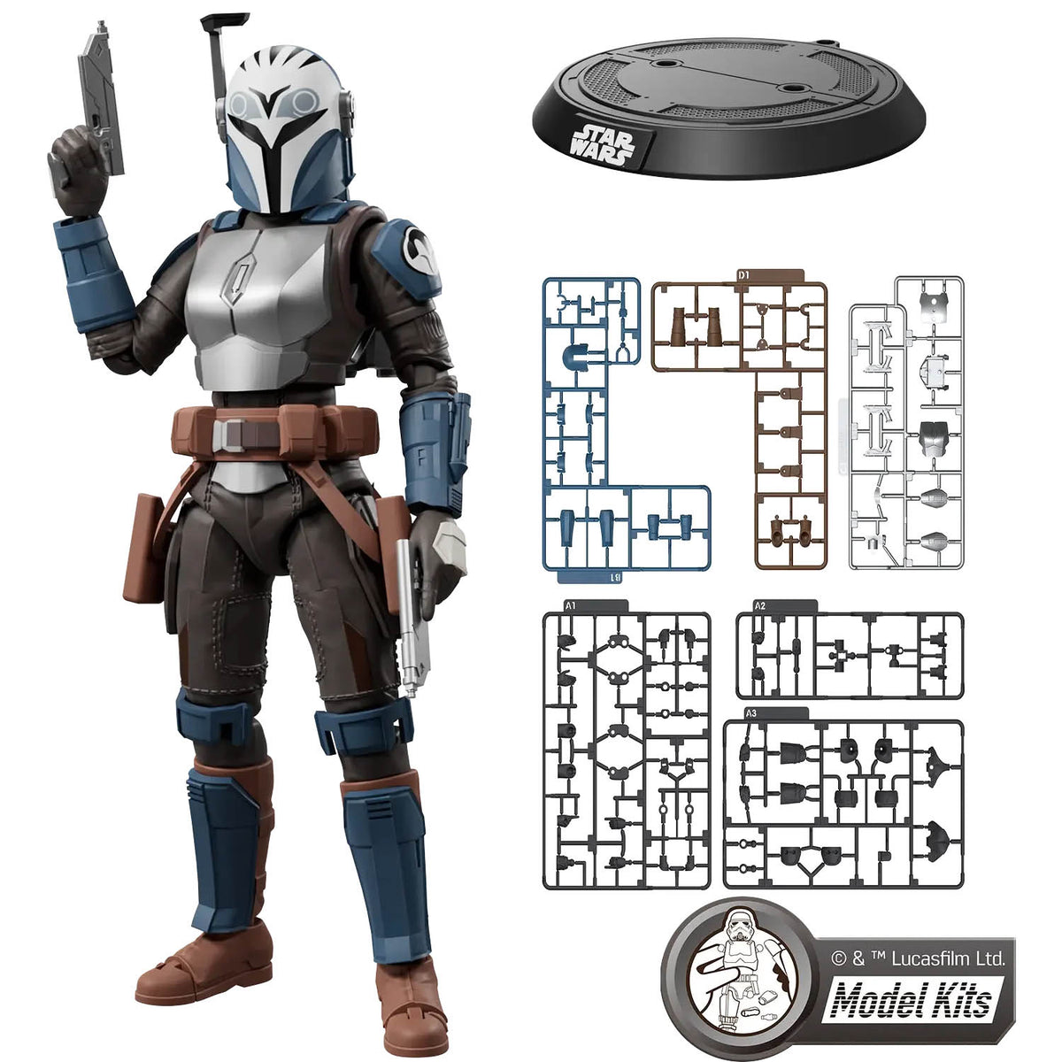 Star Wars Model Kits action figure of Bo Katan in armor, shown alongside her black display base, loose plastic parts, and a Lucasfilm Model Kits logo badge on a white background.