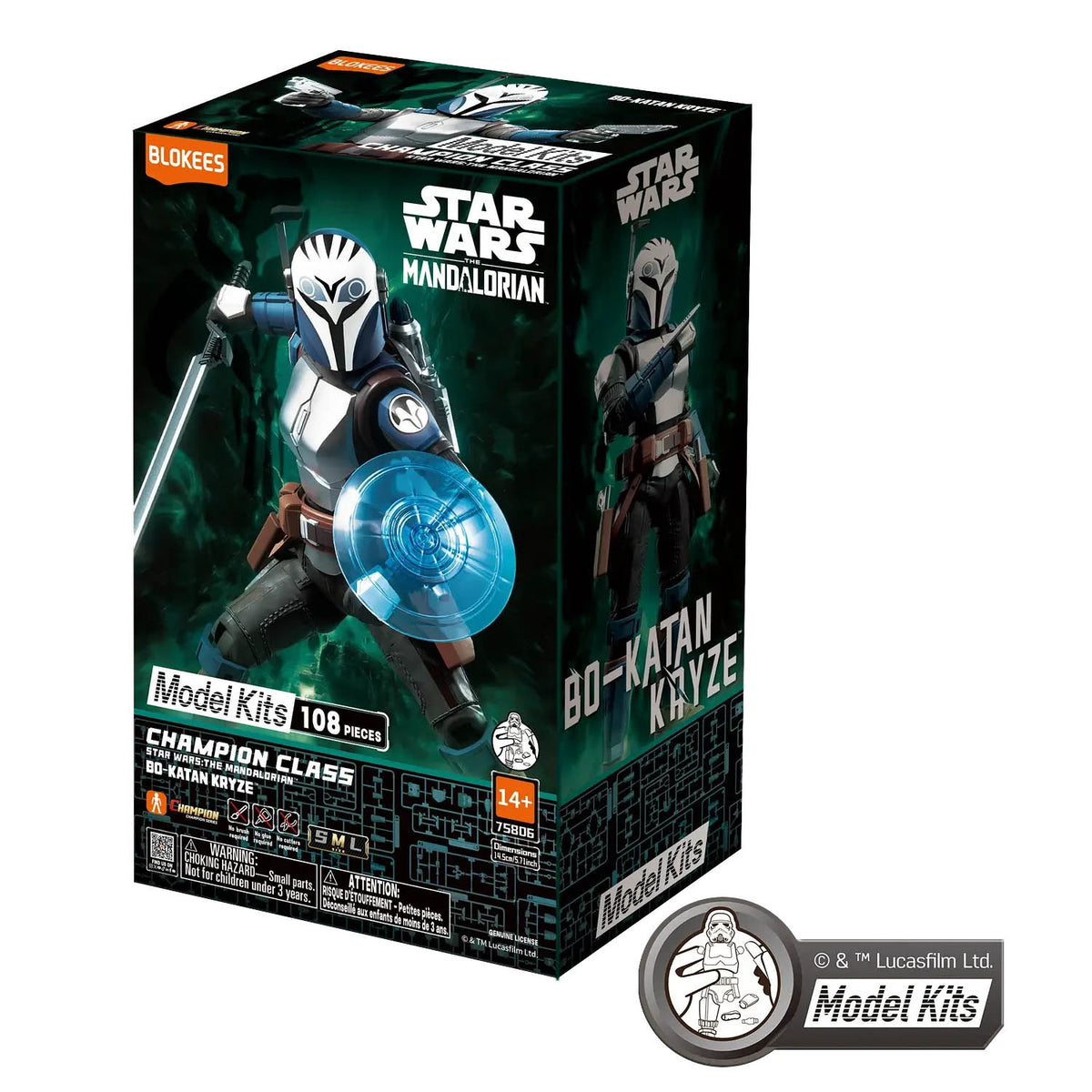 Star Wars The Mandalorian Bo-Katan Kryze Champion Class model kit box by Blokees, featuring a black and green design with character artwork and product details.