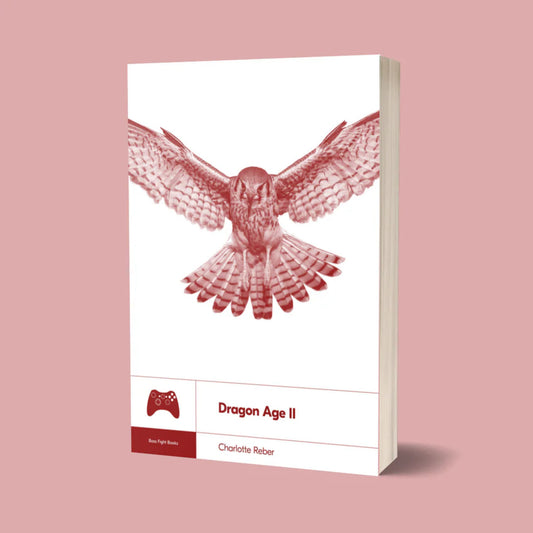 A book cover for 'Dragon Age II' by Charlotte Reber, featuring a white background with a red line-art illustration of a flying hawk and a red game controller icon, shown against a solid pink background.