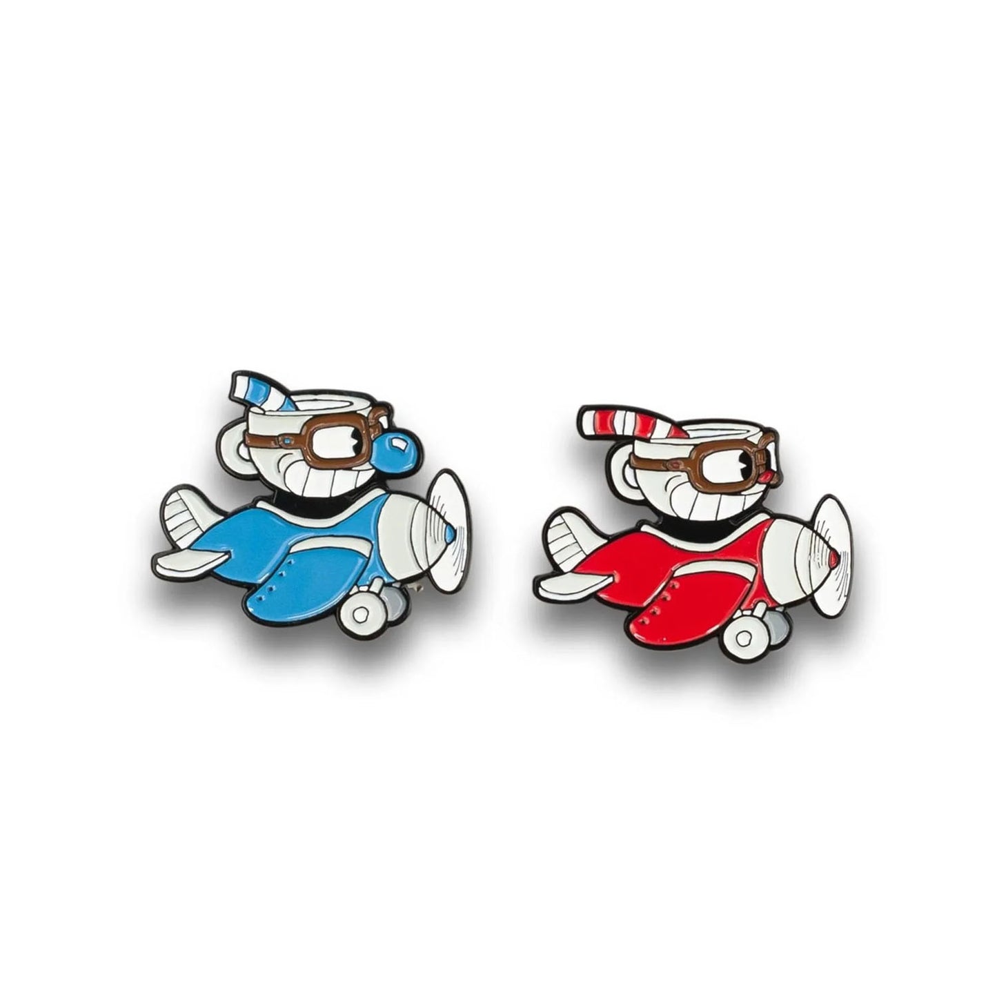 Enamel pins of Cuphead and Mugman in airplanes on a white background. 