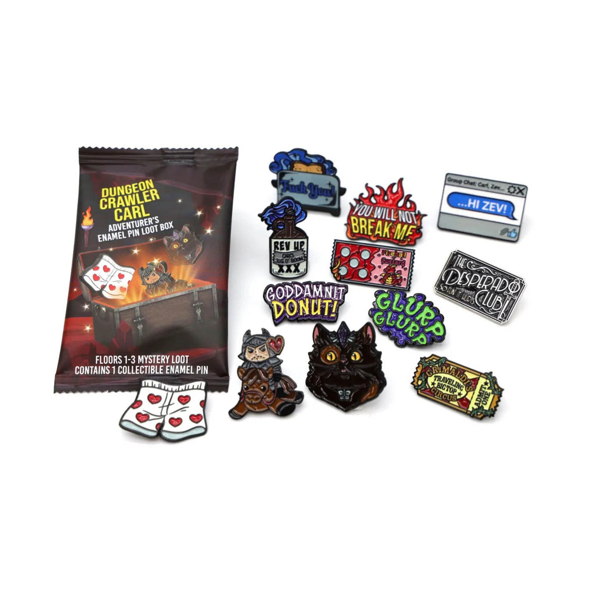 A Dungeon Crawler Carl themed enamel pin assortment, featuring a sealed black packaging bag labeled 'Dungeon Crawler Carl' alongside multiple colorful enamel pins, The pins include designs such as 'You Will Not Break Me' in flames, 'Goddamnite Donut!', 'The Desperado Club' and more. 