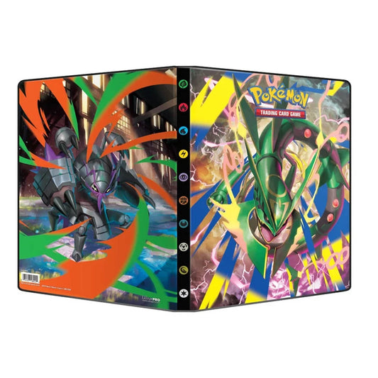 A Pokémon Trading Card Game binder shown from the front and side, featuring vibrant artwork of Mega Rayquaza and Mega Golisopod with colorful abstract energy swirls on a white background.