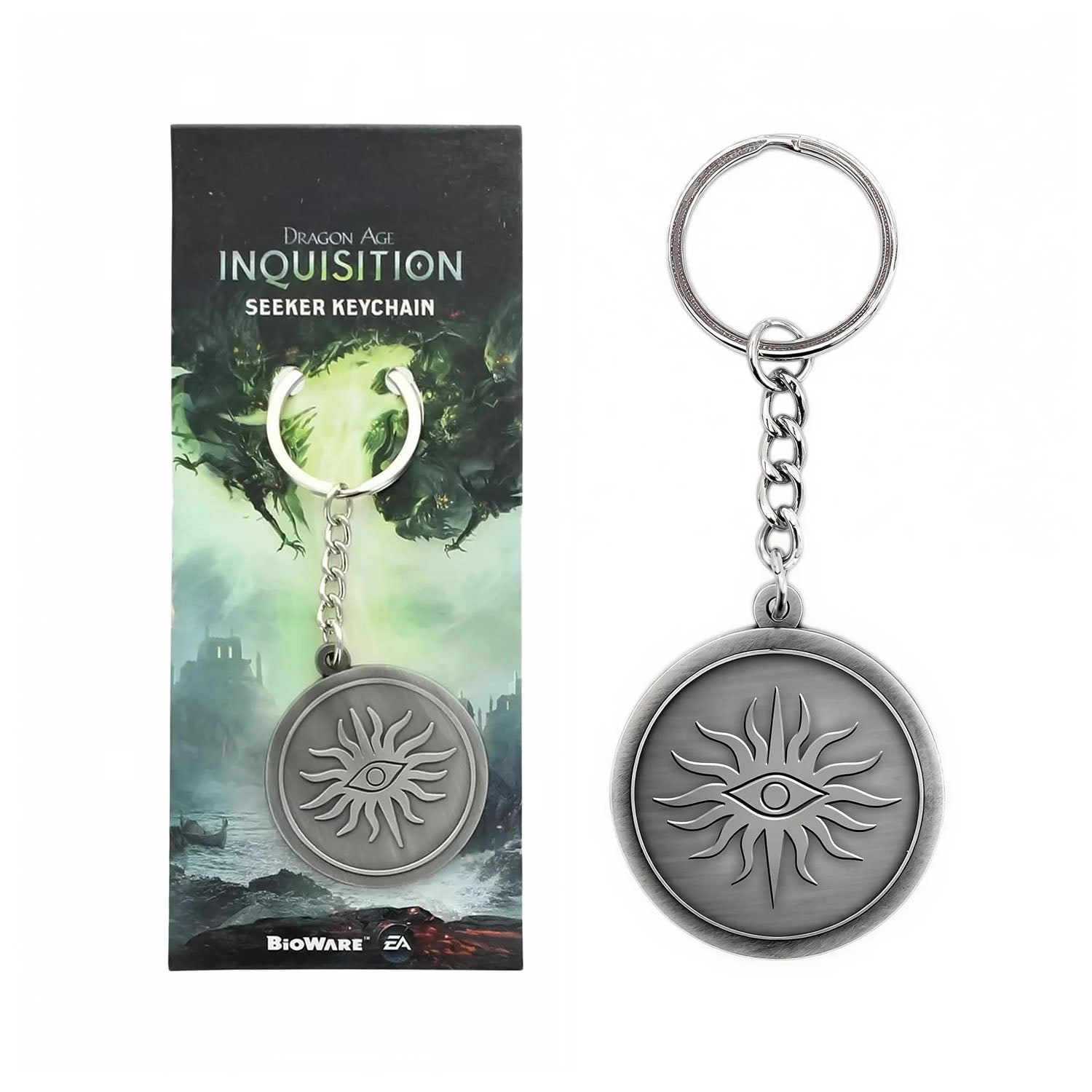 Dragon Age Inquisition seeker keychain with packaging on a white background