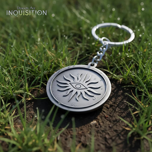 Metal keychain with seeker logo on front laying in grass 