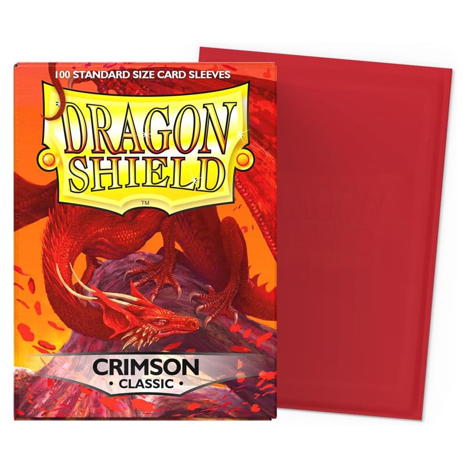Dragon Shield Crimson card sleeves with packaging featuring a dragon illustration.