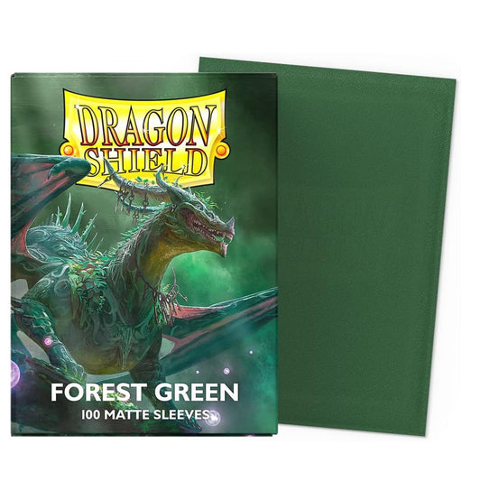 Dragon Shield forest green card sleeves with a dragon illustration on the packaging.