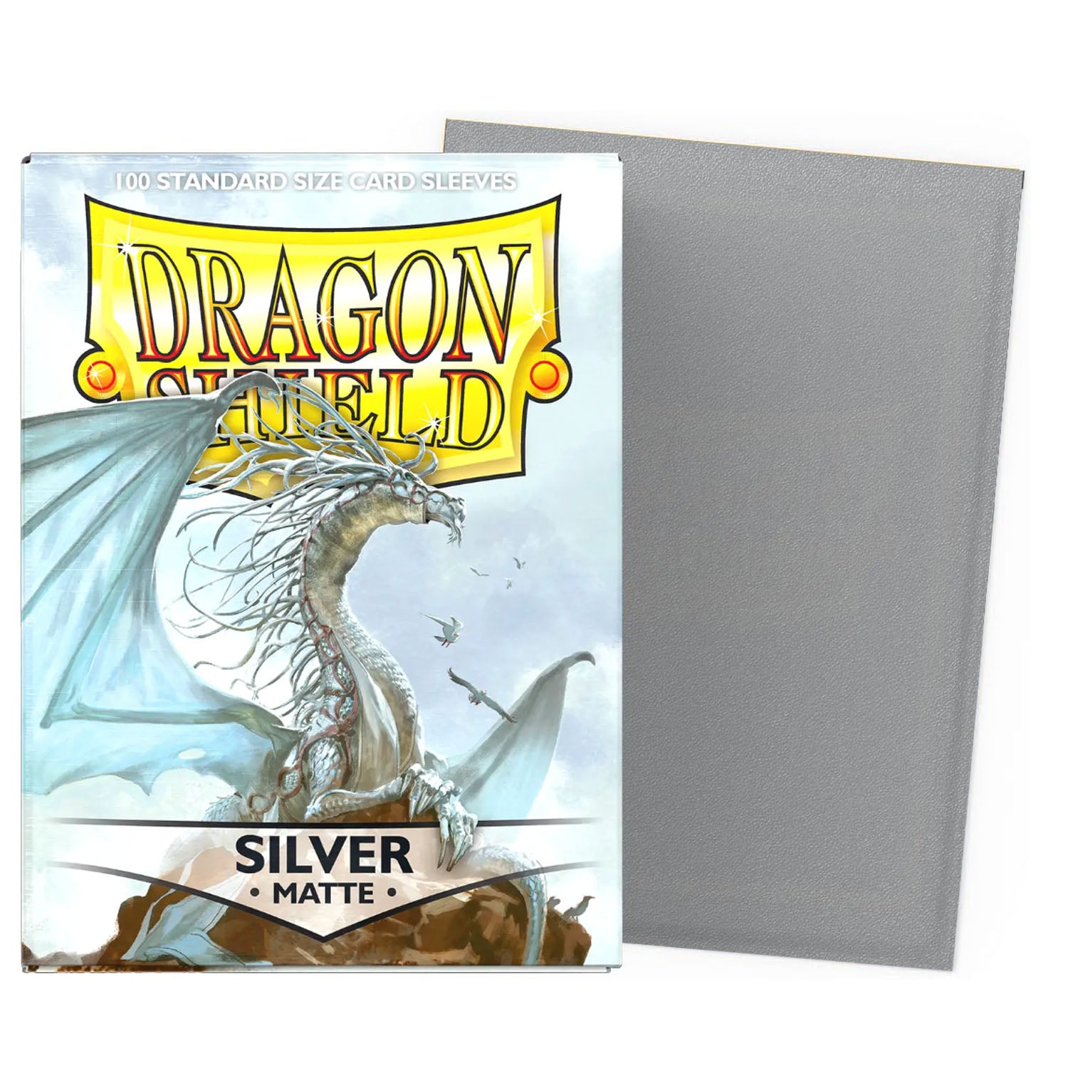 Dragon Shield silver matte card sleeves with packaging featuring a dragon illustration.