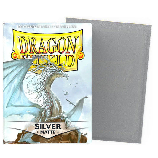 Dragon Shield silver matte card sleeves with packaging featuring a dragon illustration.