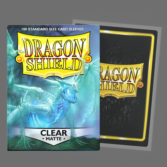 Dragon Shield card sleeves in Clear Matte, showing the front packaging with a blue dragon illustration and the clear sleeve with a mock card inside. 