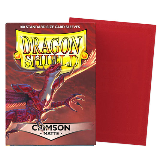 Dragon Shield card sleeves in the Crimson Matte pack, showing the illustrated red dragon box cover alongside a single red sleeve on a white background.