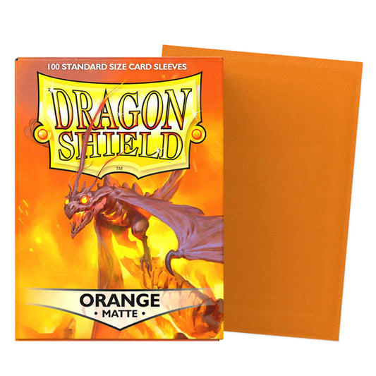Dragon Shield card sleeves in Orange Matte, showing the retail box with dragon artwork alongside a single orange sleeve on a white background.