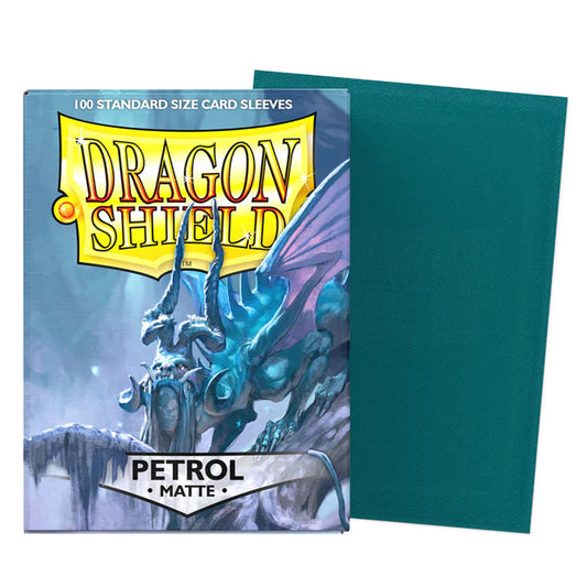 Dragon Shield Petrol Matte card sleeves, showing the front sleeve packaging with fantasy artwork and a teal card sleeve standing behind it on a white background.