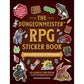 The Dungeonmeister RPG Sticker Book cover, featuring a dark reddish-brown background with gold title text and multiple colorful fantasy-themed sticker illustrations around the edges.