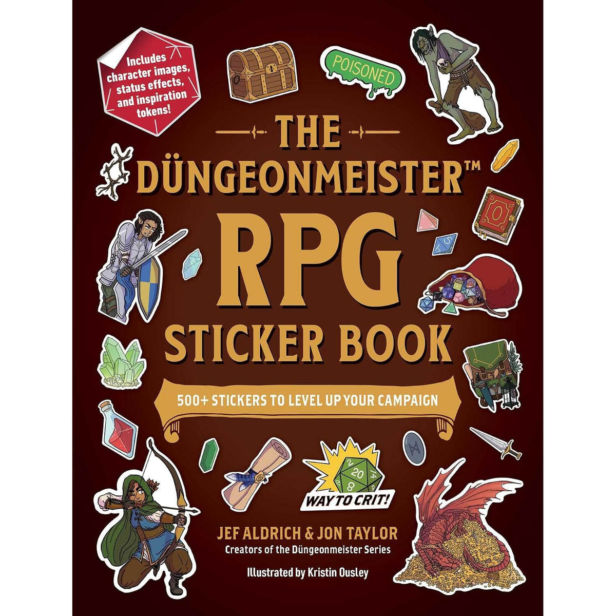 The Dungeonmeister RPG Sticker Book cover, featuring a dark reddish-brown background with gold title text and multiple colorful fantasy-themed sticker illustrations around the edges.