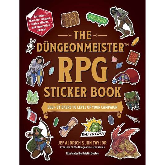 The Dungeonmeister RPG Sticker Book cover, featuring a dark reddish-brown background with gold title text and multiple colorful fantasy-themed sticker illustrations around the edges.