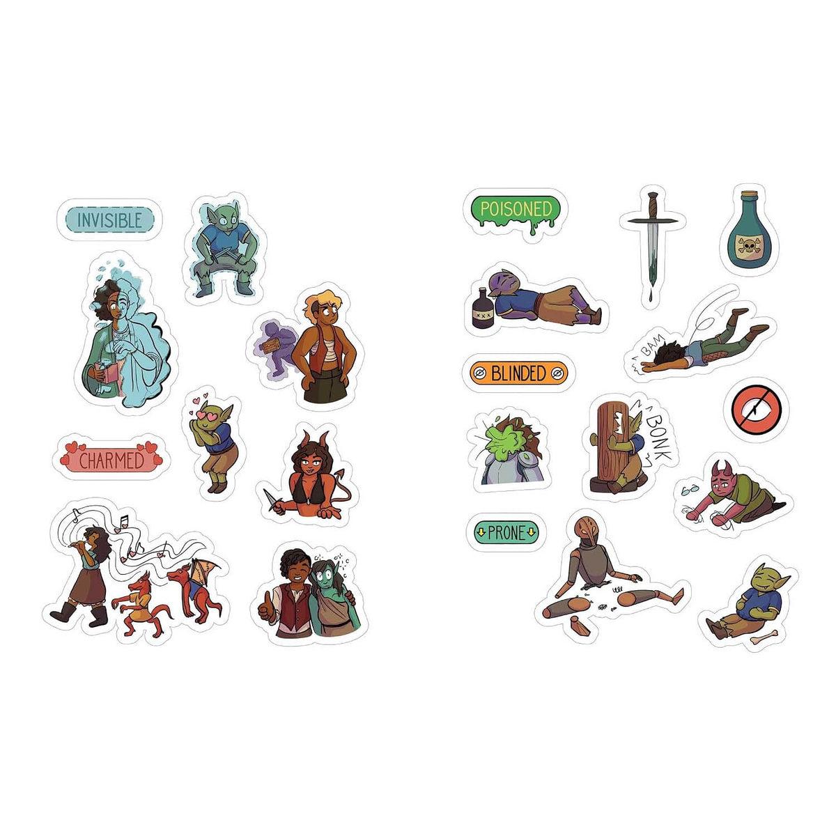 Two sheets of die-cut stickers featuring colorful cartoon fantasy characters, magical effects, and humorous labels on a plain white background.