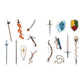 A set of fantasy-themed die-cut stickers featuring various medieval weapons and shields, including swords, spears, bows, an axe, a flaming sword, and a shield, arranged on a plain white background.