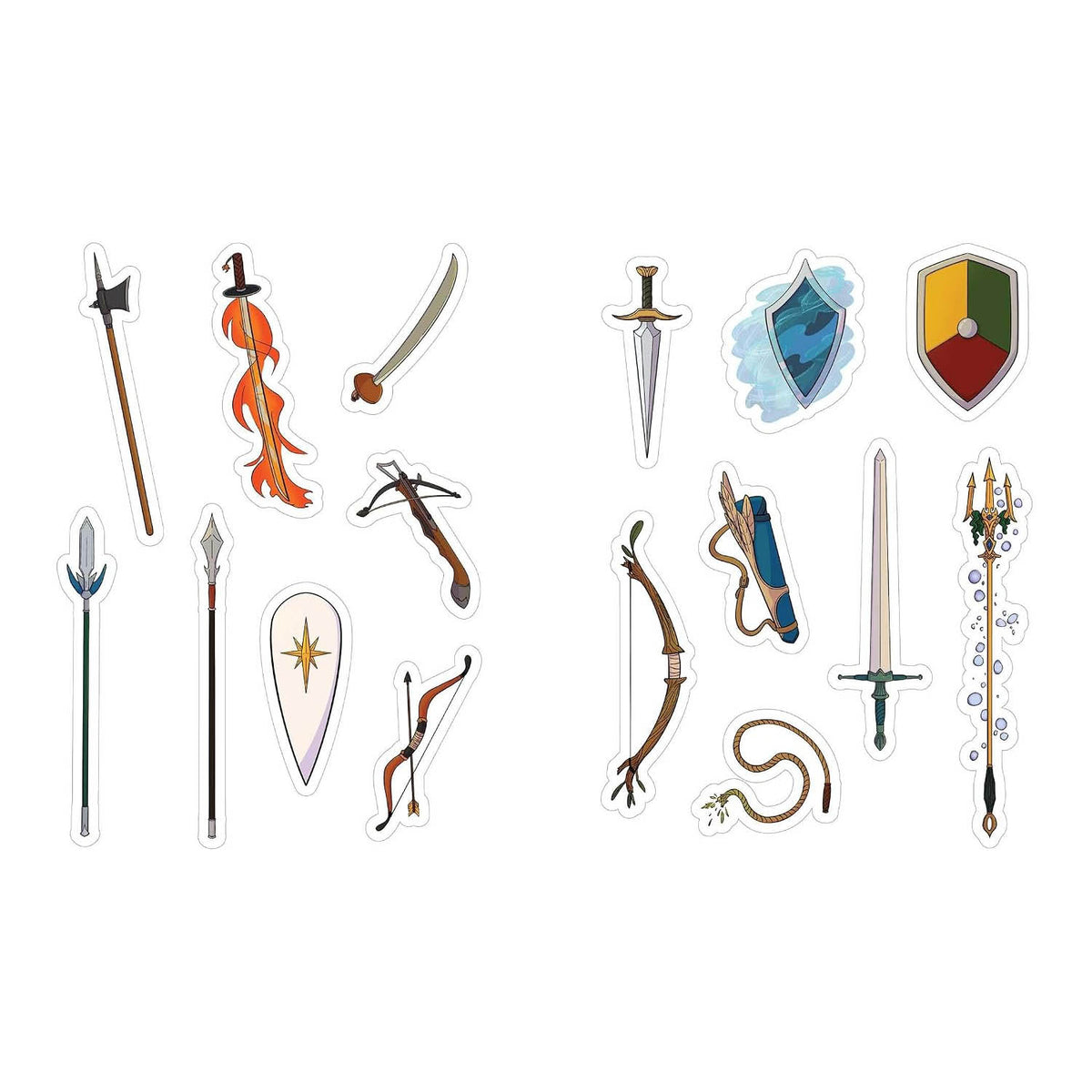 A set of fantasy-themed die-cut stickers featuring various medieval weapons and shields, including swords, spears, bows, an axe, a flaming sword, and a shield, arranged on a plain white background.