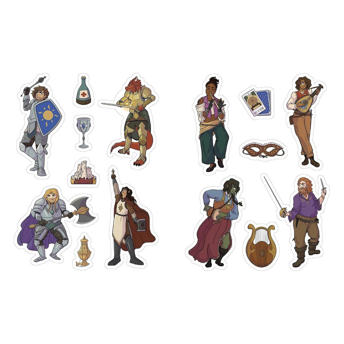 A set of fantasy-themed die-cut stickers featuring various illustrated characters, weapons, and accessories on a plain white background.