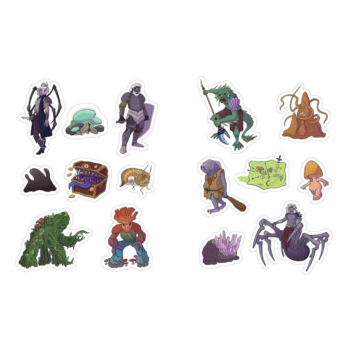 A set of twelve die-cut stickers featuring various colorful fantasy characters, creatures, and objects, arranged on a plain white background.