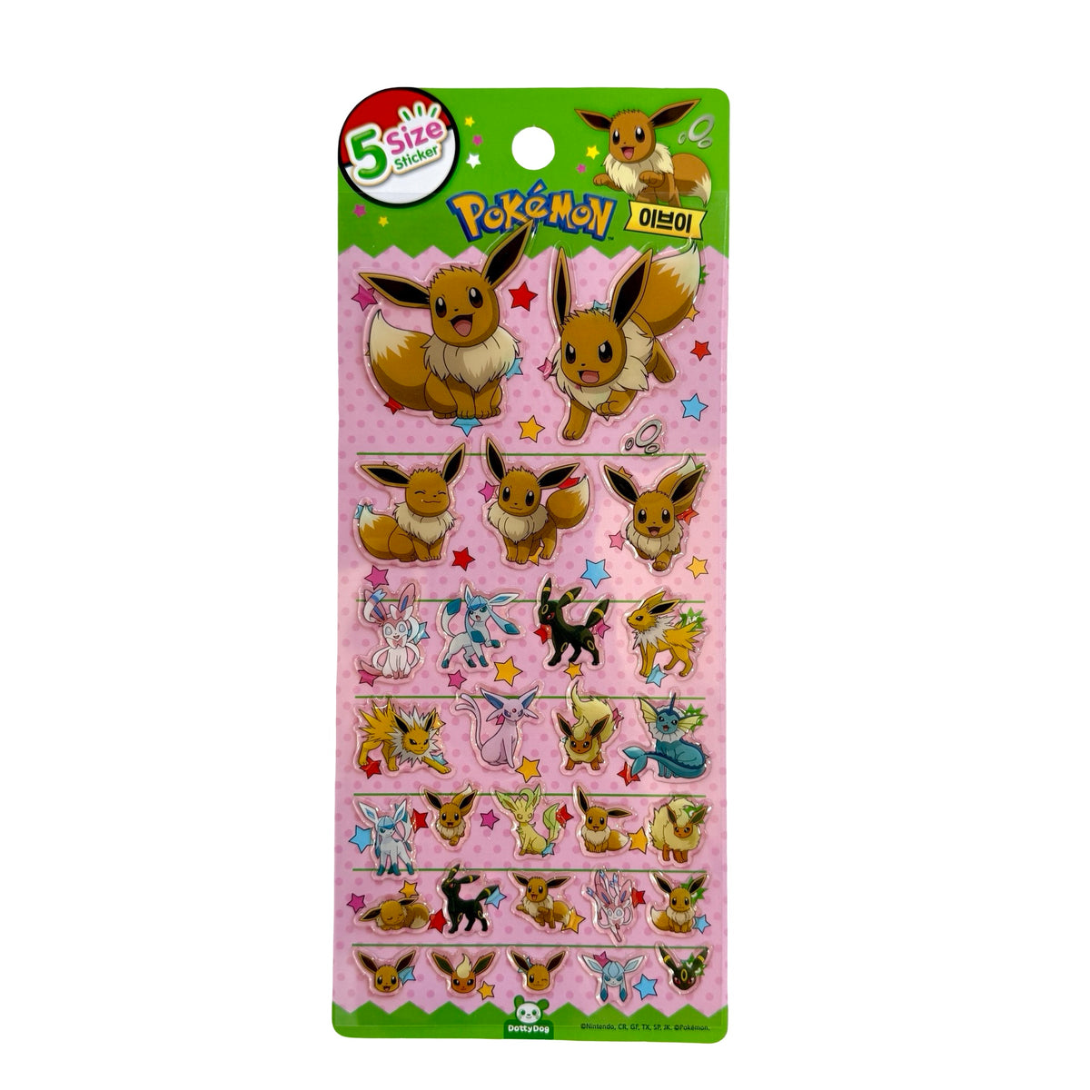 A package of Pokémon Eevee stickers on a pink background, with the Pokémon logo and '5 Sticker Sheets' text visible.