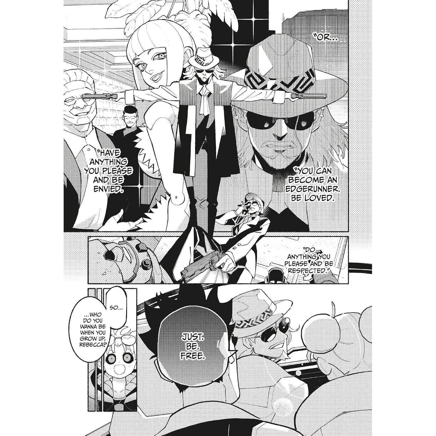 A black and white manga comic book page featuring multiple panels of stylized characters, hats, sunglasses, and speech bubbles with text.