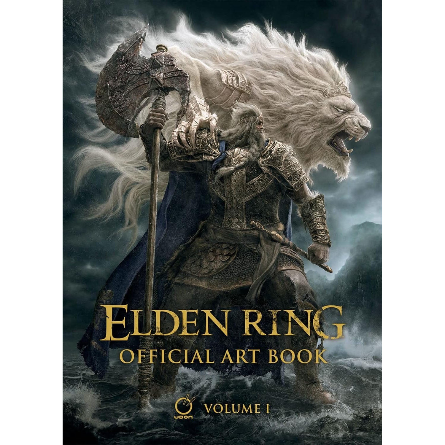 Cover of 'Elden Ring' official art book with a warrior and lion on a dark background