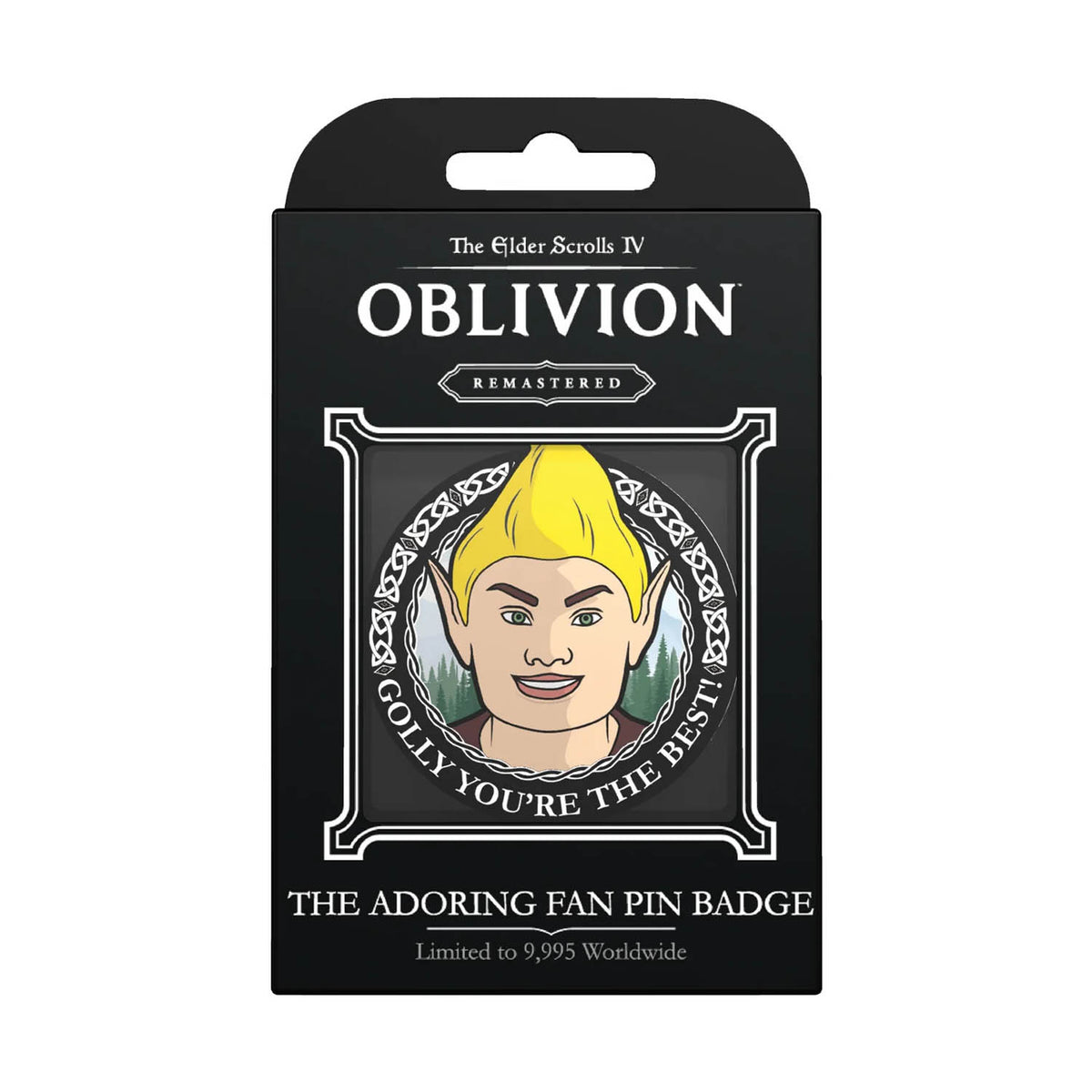 Oblivion Remastered The Adoring Fan Pin Badge packaging card, featuring a black card with white text and an illustration of a pin badge with a yellow-haired elf character.