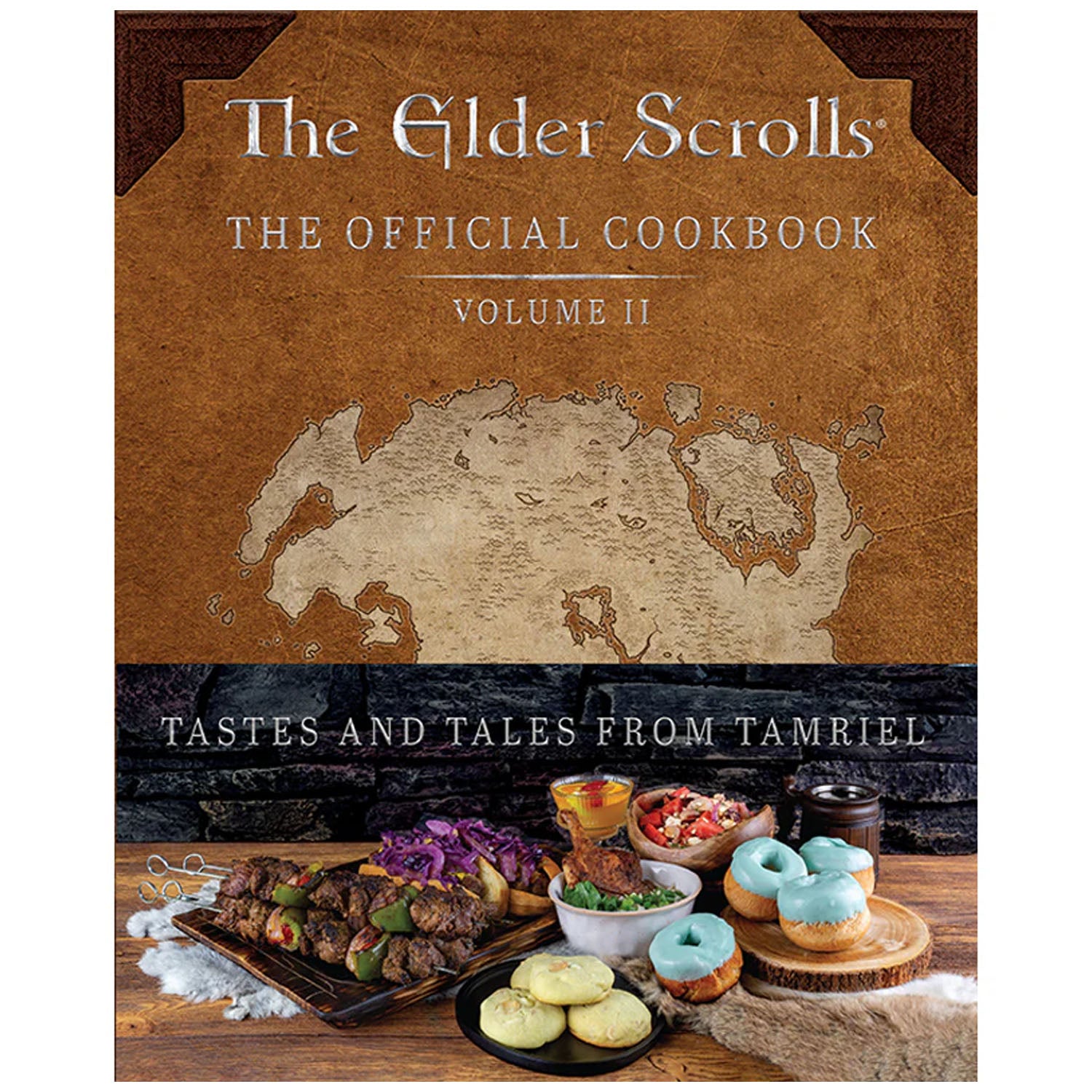 Book cover of 'The Official Cookbook Volume II' featuring a map and food items from 'The Elder Scrolls' series.