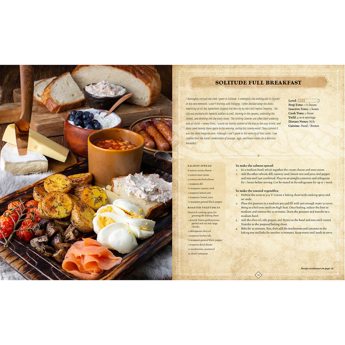 Cookbook recipe page of the Solitude Full Breakfast shown with potatos, eggs, and meats. 