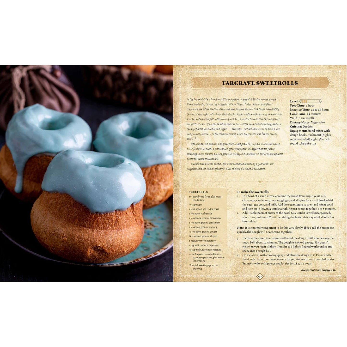 Cookbook recipe page for Fargrave Sweetrolls showing a baked bun with blue frosting. 