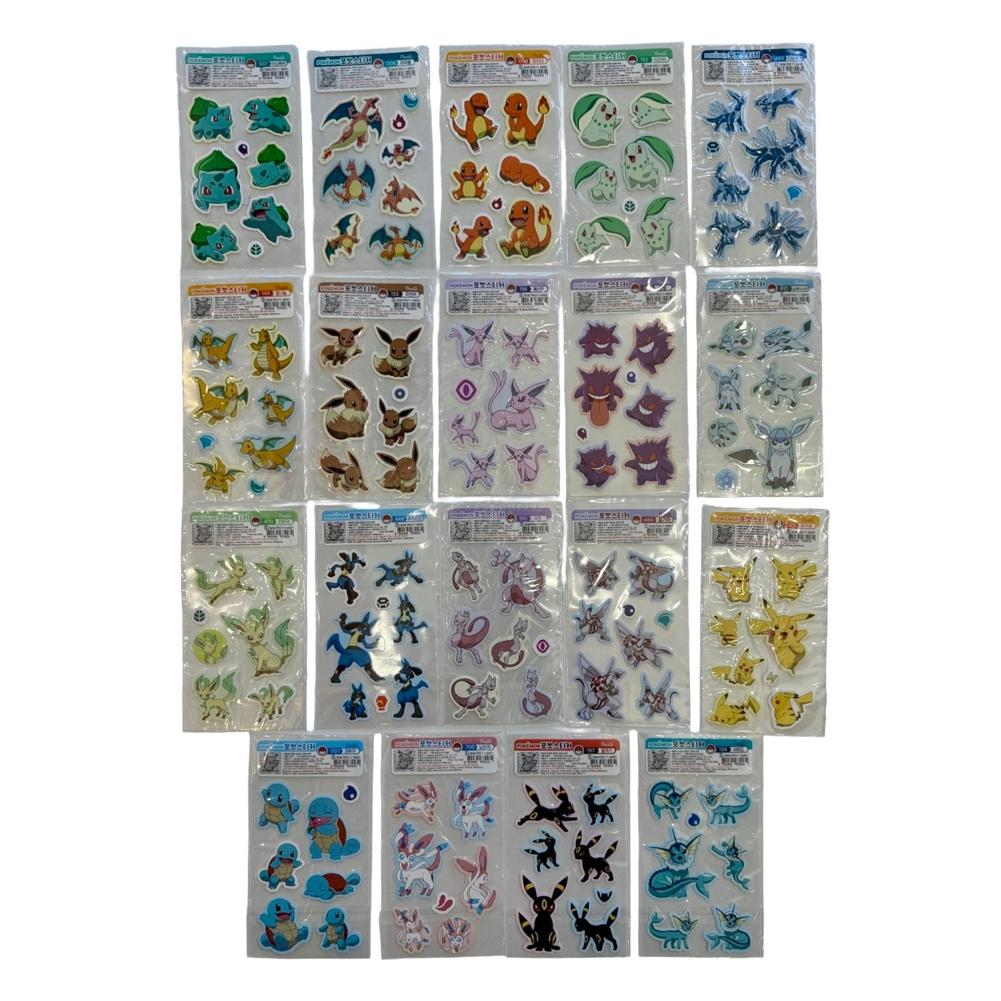 A collection of 20 individual packages of Pokémon character stickers arranged in a grid on a plain white background. The packages contain various colorful stickers of popular Pokémon. 