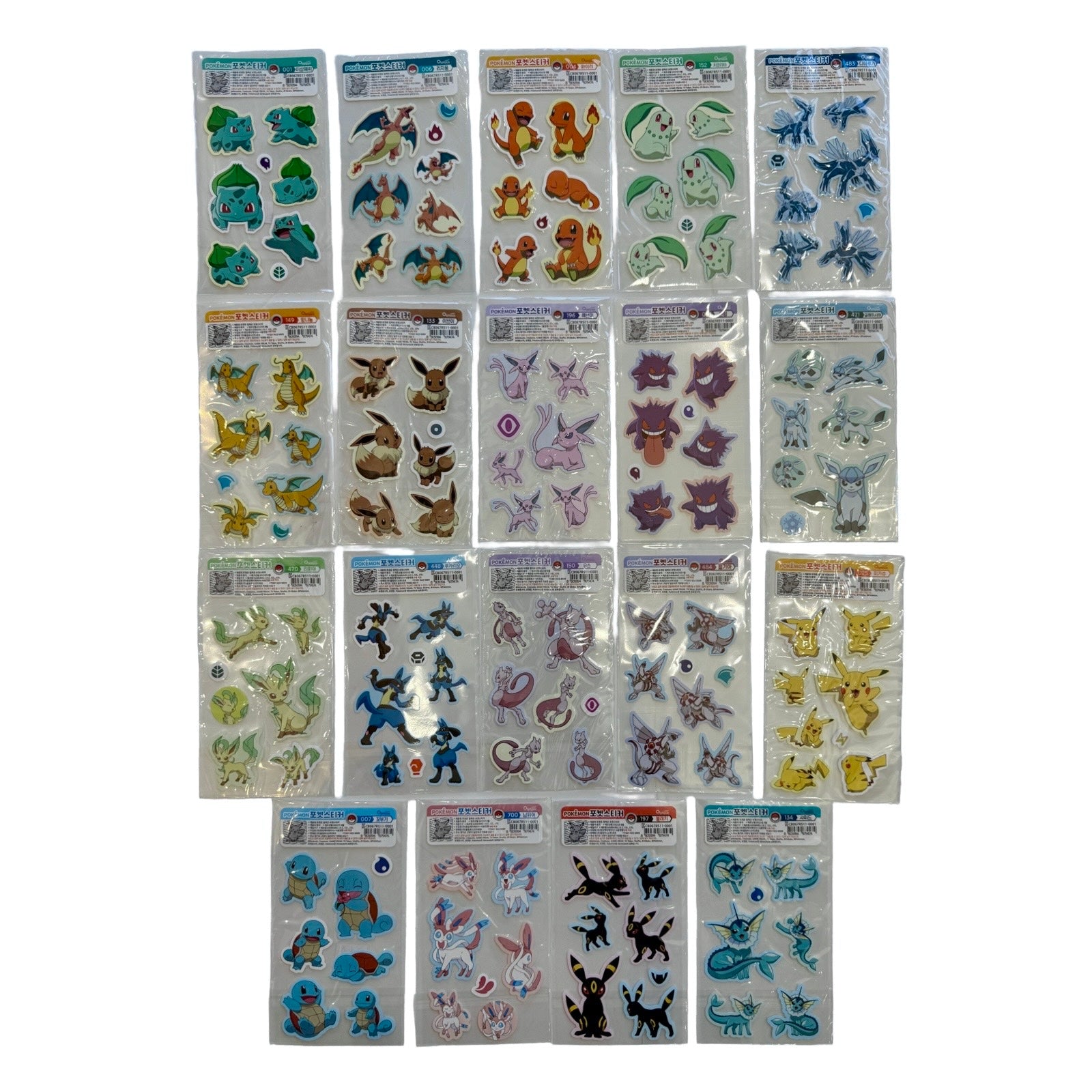 A collection of 20 individual packages of Pokémon character stickers arranged in a grid on a plain white background. The packages contain various colorful stickers of popular Pokémon. 