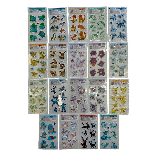 A collection of 20 individual packages of Pokémon character stickers arranged in a grid on a plain white background. The packages contain various colorful stickers of popular Pokémon. 