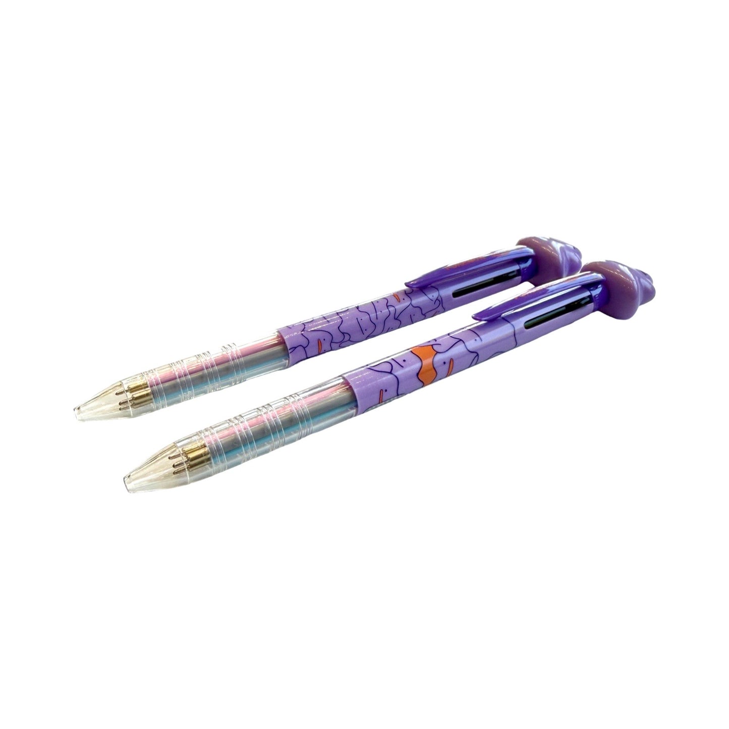 Two purple pens with decorative patterns on a white background