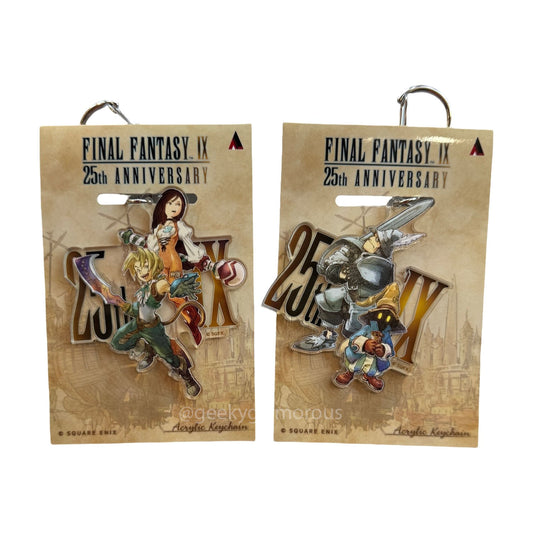 Two 'Final Fantasy IX' themed keychains on packaging with '25th Anniversary' text on a white background.