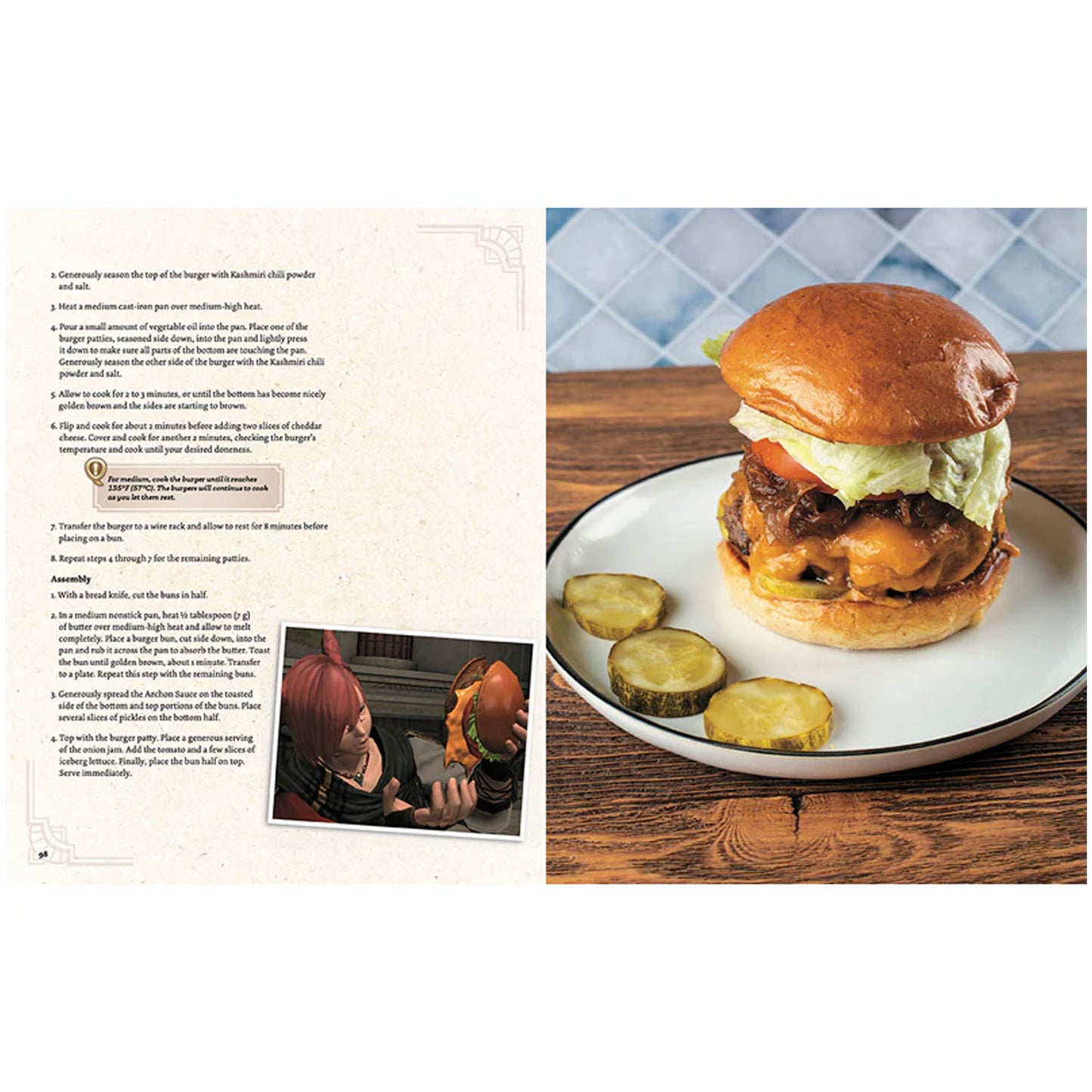 Burger on a plate and corresponding recipe with a screenshot from the video game, Final Fantasy XIV beside it. 