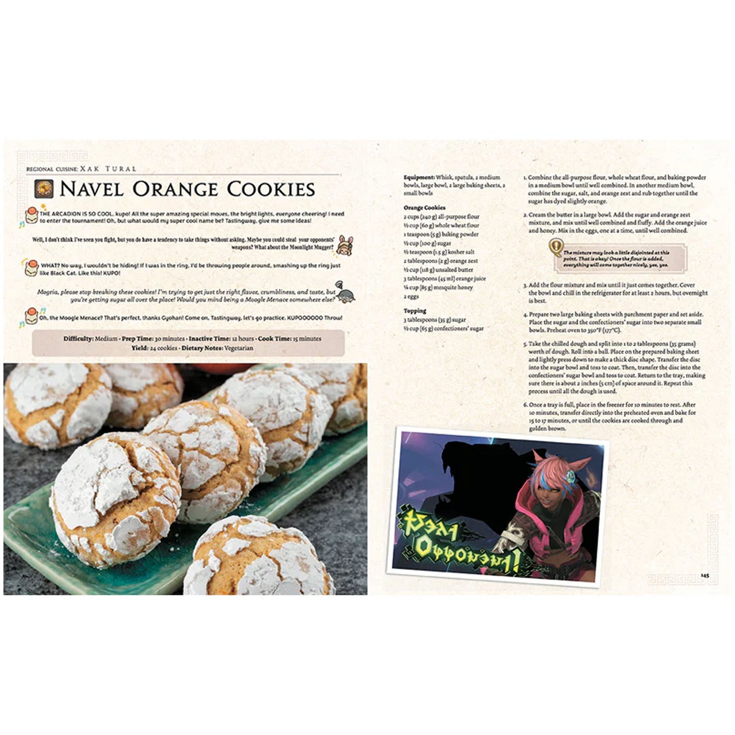 Cookbook recipe page for Navel Orange Cookies and screenshot from the video game Final Fantasy XIV. 