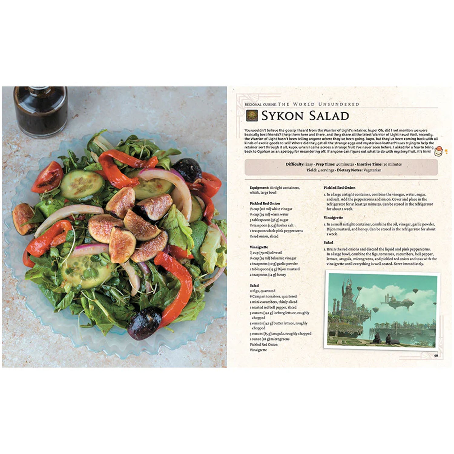 Cookbook recipe page for Sykon Salad from the video game, Final Fantasy XIV with screenshot from the game. 
