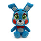 Blue rabbit plush of Toy Bonnie from Five Nights at Freddy's with red bowtie and big green eyes. 