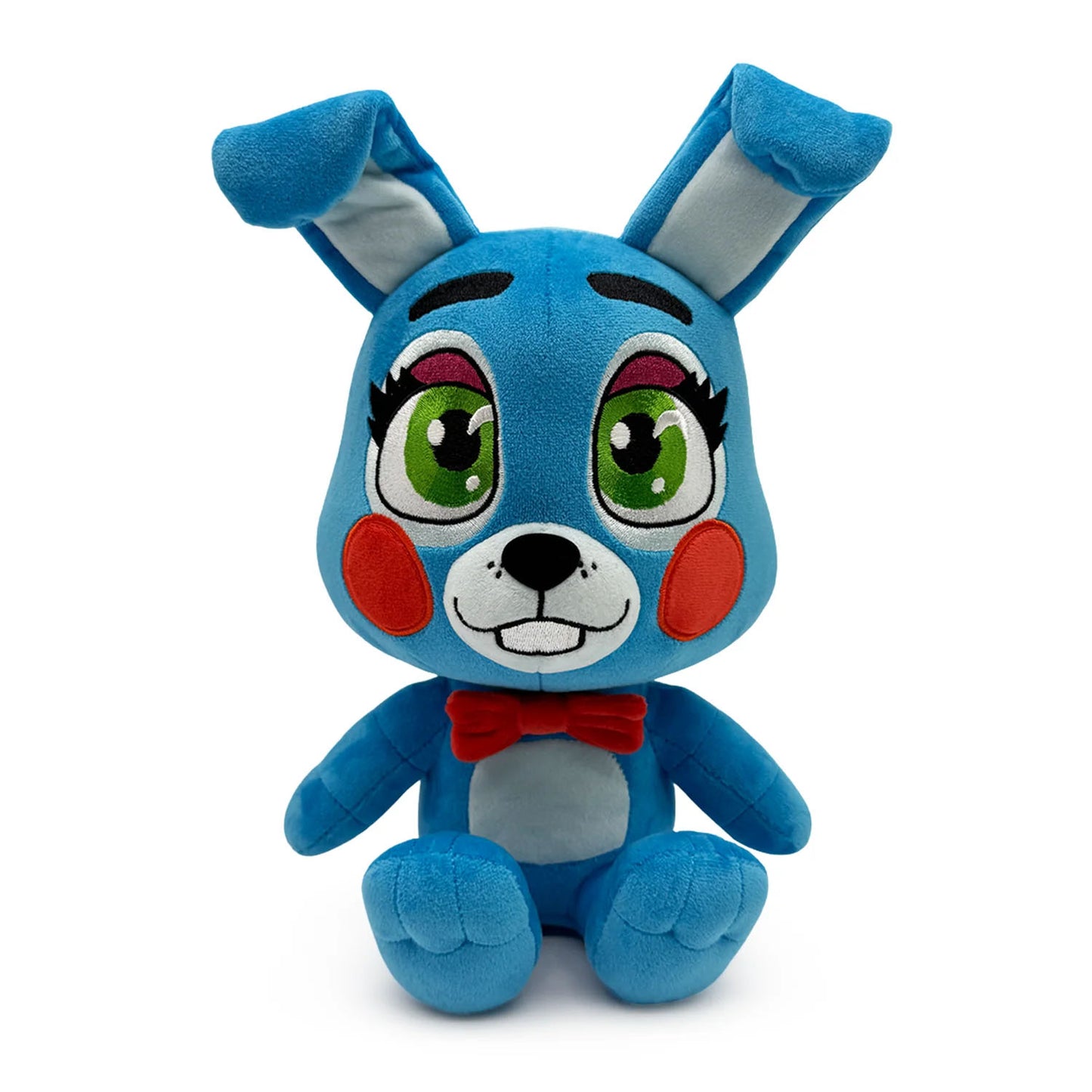Blue rabbit plush of Toy Bonnie from Five Nights at Freddy's with red bowtie and big green eyes. 