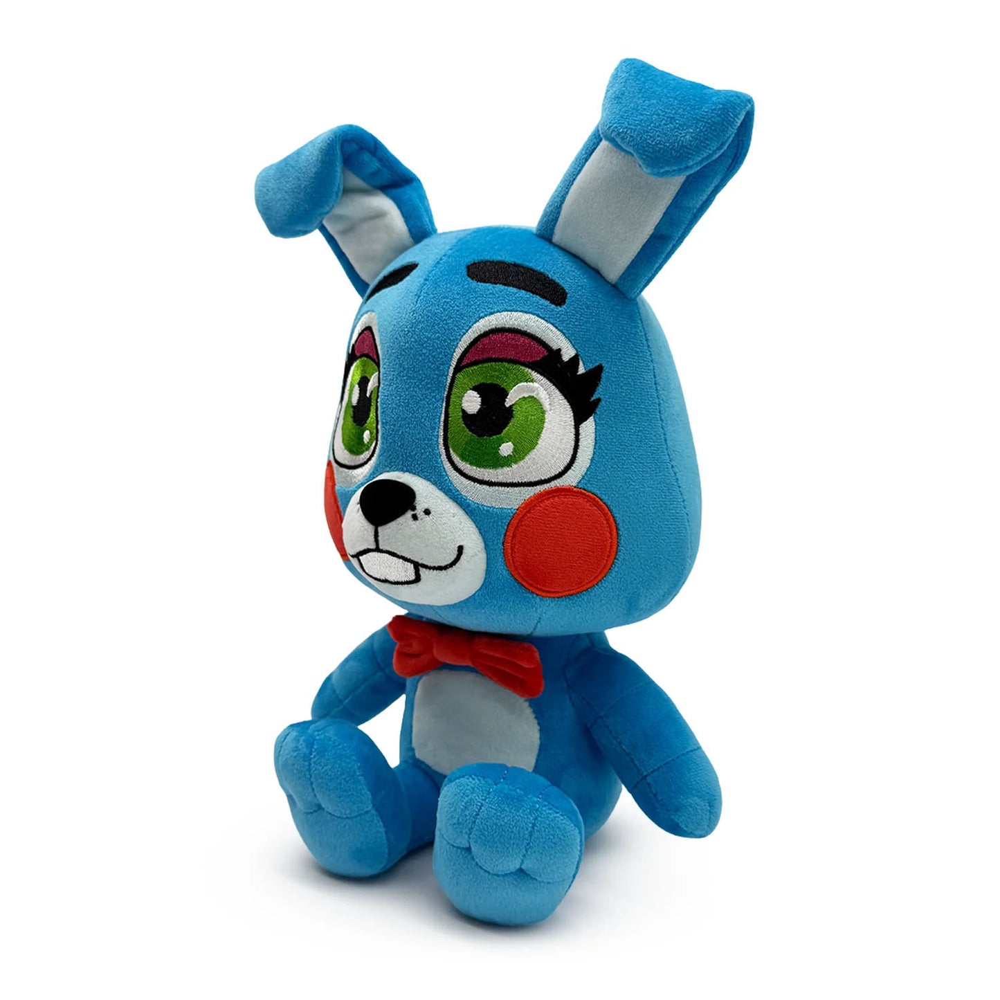 Blue rabbit plush of Toy Bonnie from Five Nights at Freddy's with red bowtie and big green eyes. 