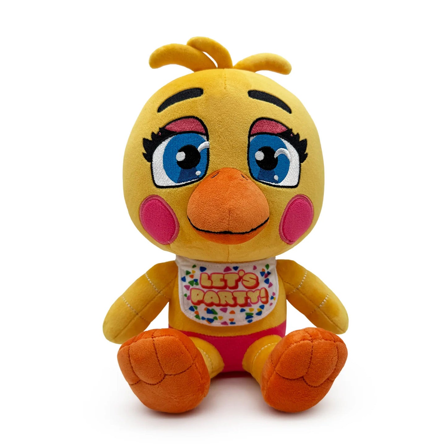 Toy Chica plush from Five Nights at Freddy's. Yellow bird with bright blue eyes and white bib that says "Let's Party!"