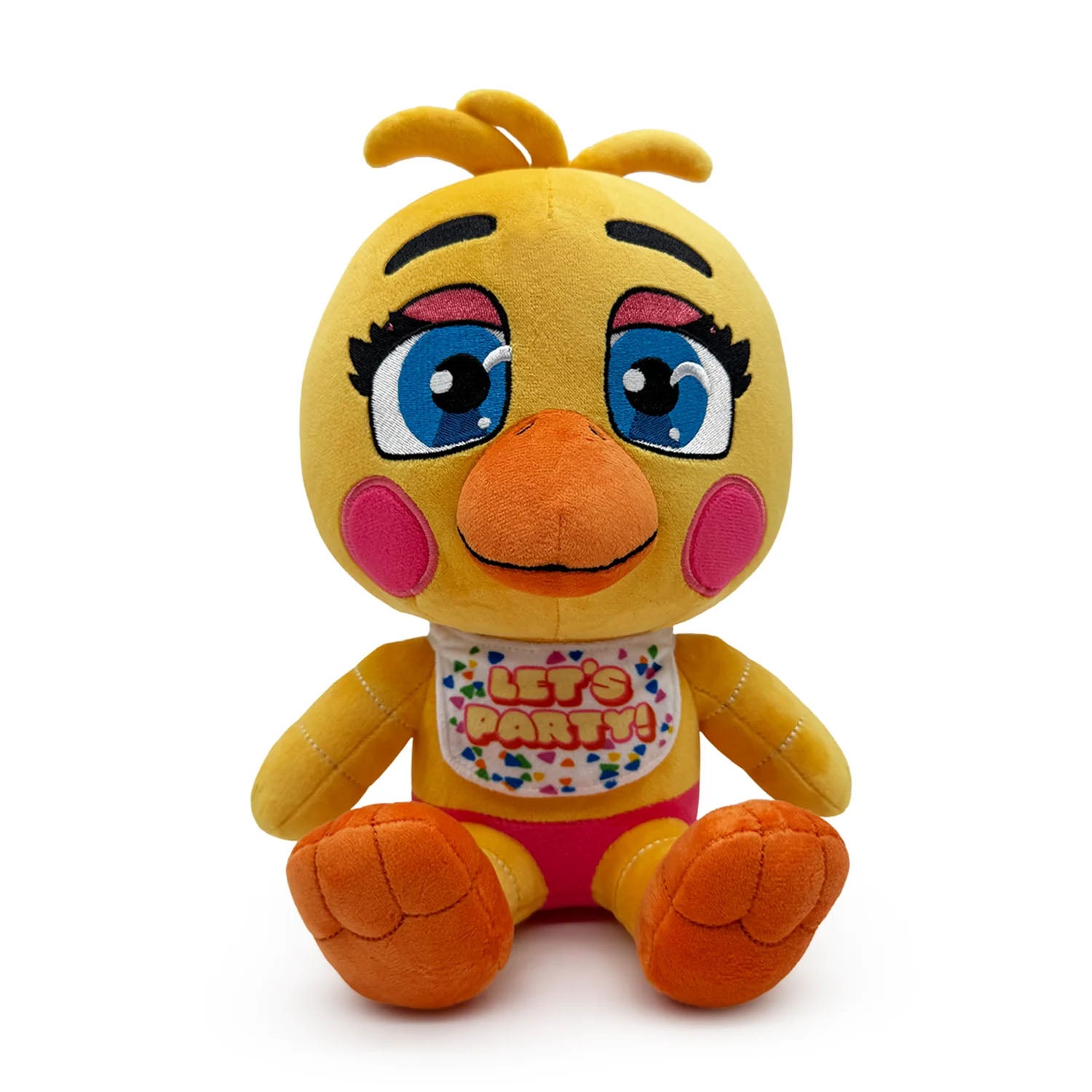 Toy Chica plush from Five Nights at Freddy's. Yellow bird with bright blue eyes and white bib that says "Let's Party!"
