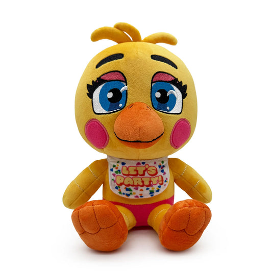 Toy Chica plush from Five Nights at Freddy's. Yellow bird with bright blue eyes and white bib that says "Let's Party!"