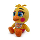 Toy Chica plush from Five Nights at Freddy's. Yellow bird with bright blue eyes and white bib that says "Let's Party!"