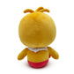 Toy Chica plush from Five Nights at Freddy's. Yellow bird with bright blue eyes and white bib that says "Let's Party!"