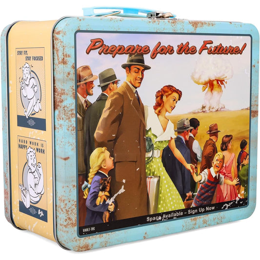 Vintage-style lunch box with a graphic of a family and text 'Prepare for the Future!' on a white background.
